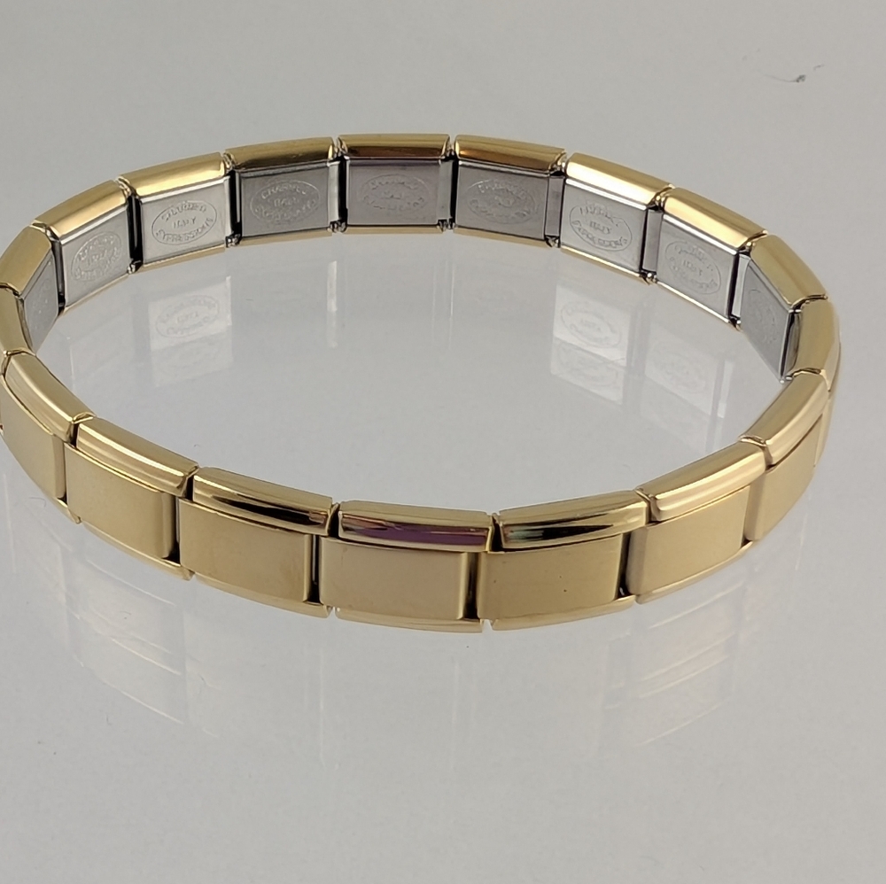 STAINLESS STEEL ITALIAN CHARM BRACELET/9MM/ BRUSHED GOLD w/ GOLD TRIM/ BRAND NEW